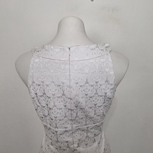 Maggy London White Lace Ruffle Neck Romantic Bridal Sheath Midi Dress Size 8 - Picture 8 of 14